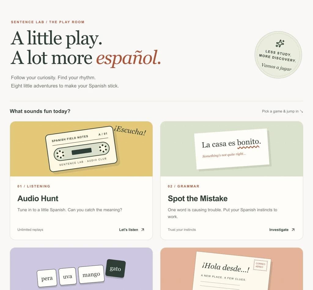 The redesigned Games page showing Audio Hunt and Spot the Mistake