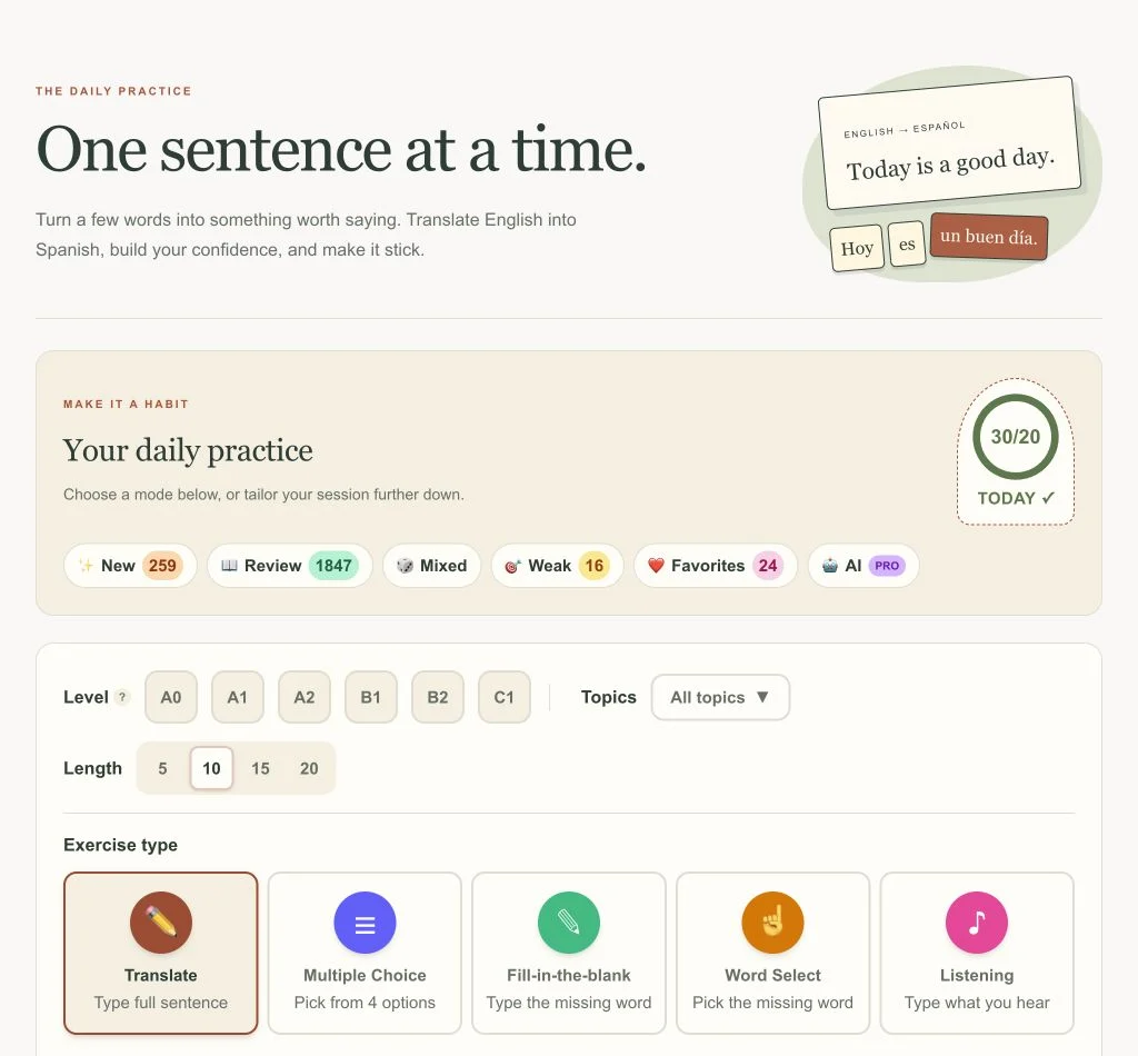 The redesigned Practice page with daily progress, level selection, and five exercise types