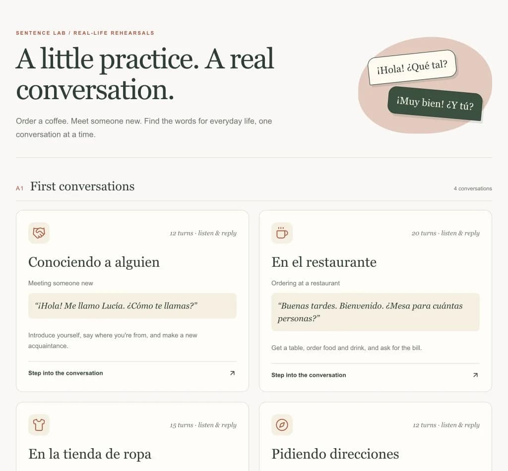 Guided Spanish scenarios for meeting someone and ordering at a restaurant