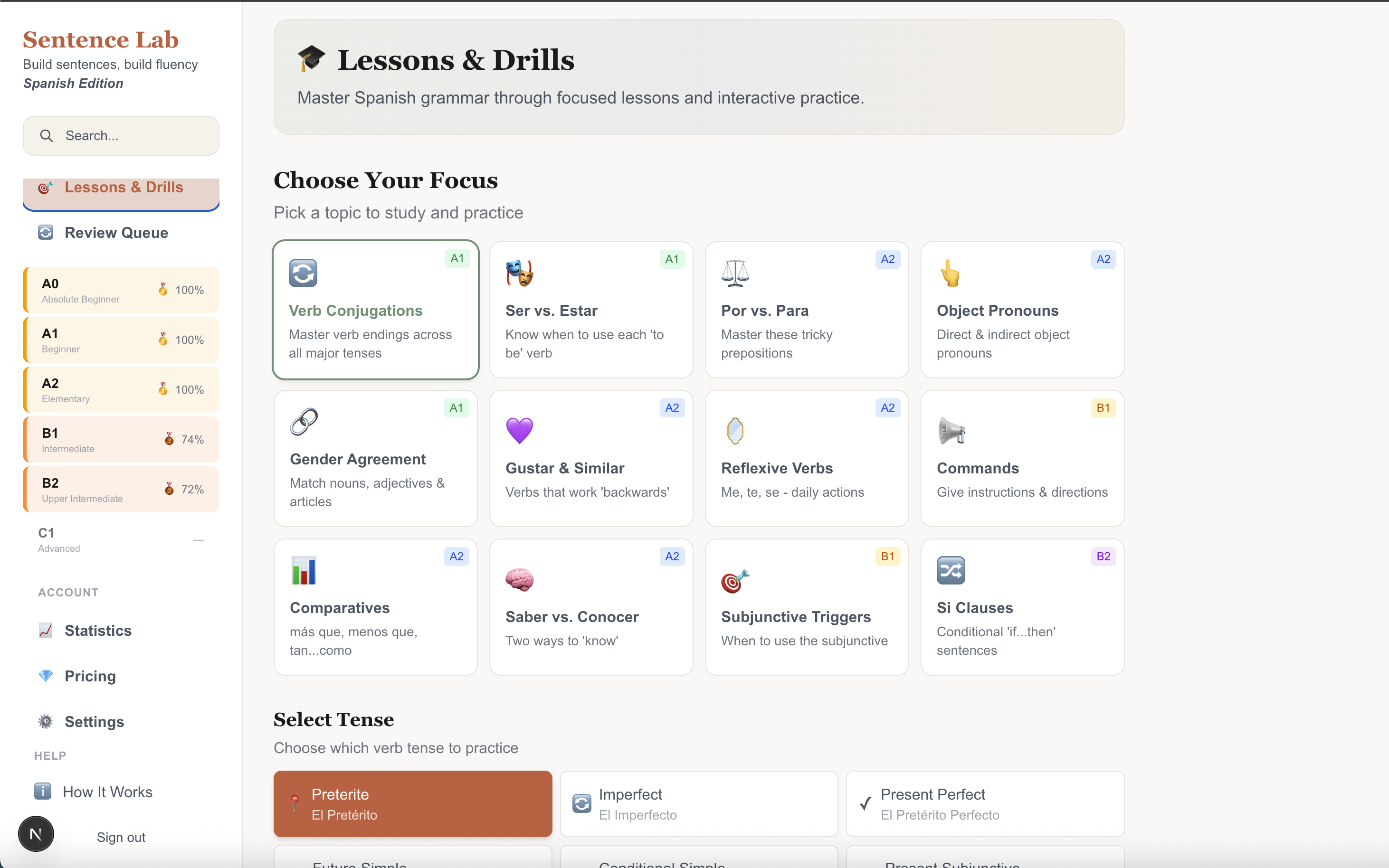 Structured grammar lessons and drills