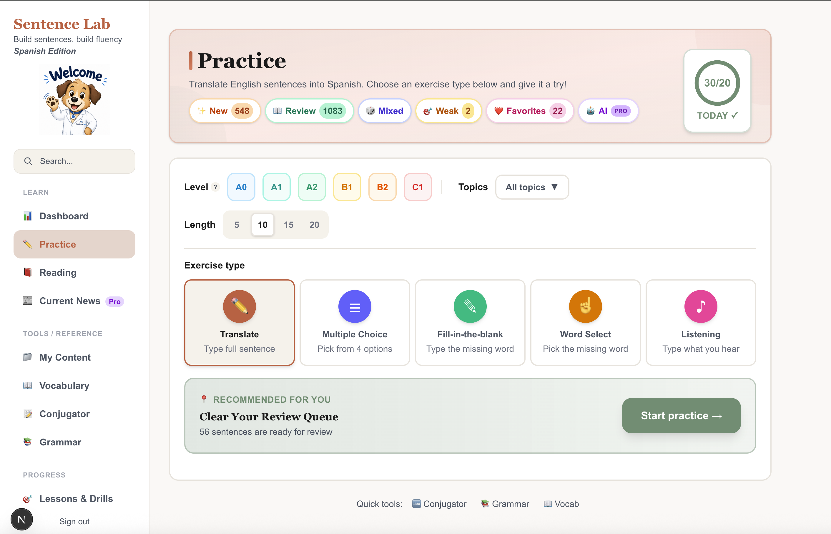 The Sentence Lab practice interface showing exercise types, level selection, and session options
